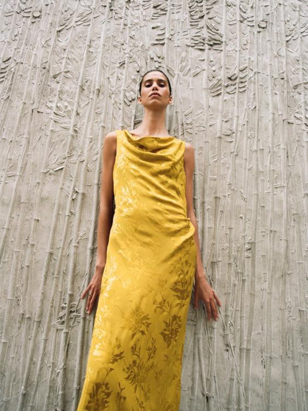 Zara satin-effect floral jacquard cowl neck midi dress, golden yellow. M NWT